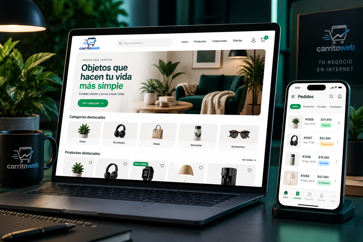 Tienda ficticia Bruma Casa en un notebook con catálogo, precios y botones de compra. A su lado, un celular muestra cuatro pedidos pagados y sus estados: preparando, enviado, nuevo y entregado.