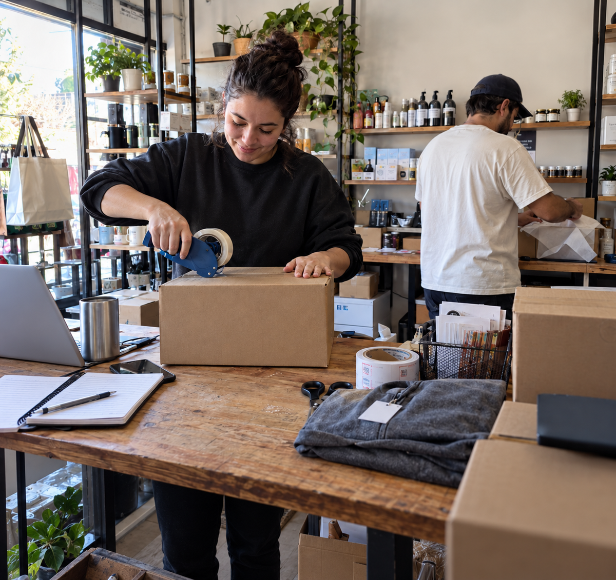 Una tienda de vestuario y un pedido confirmado de ejemplo a las 23:48, incluso fuera del horario del negocio.