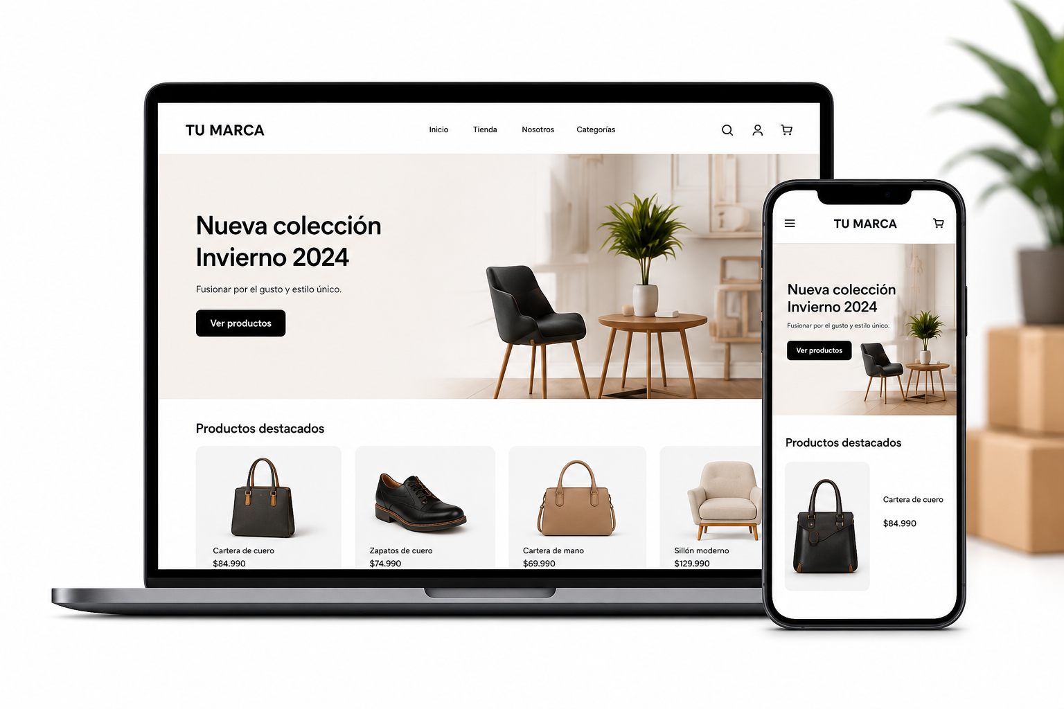 Tienda ecommerce en notebook y smartphone