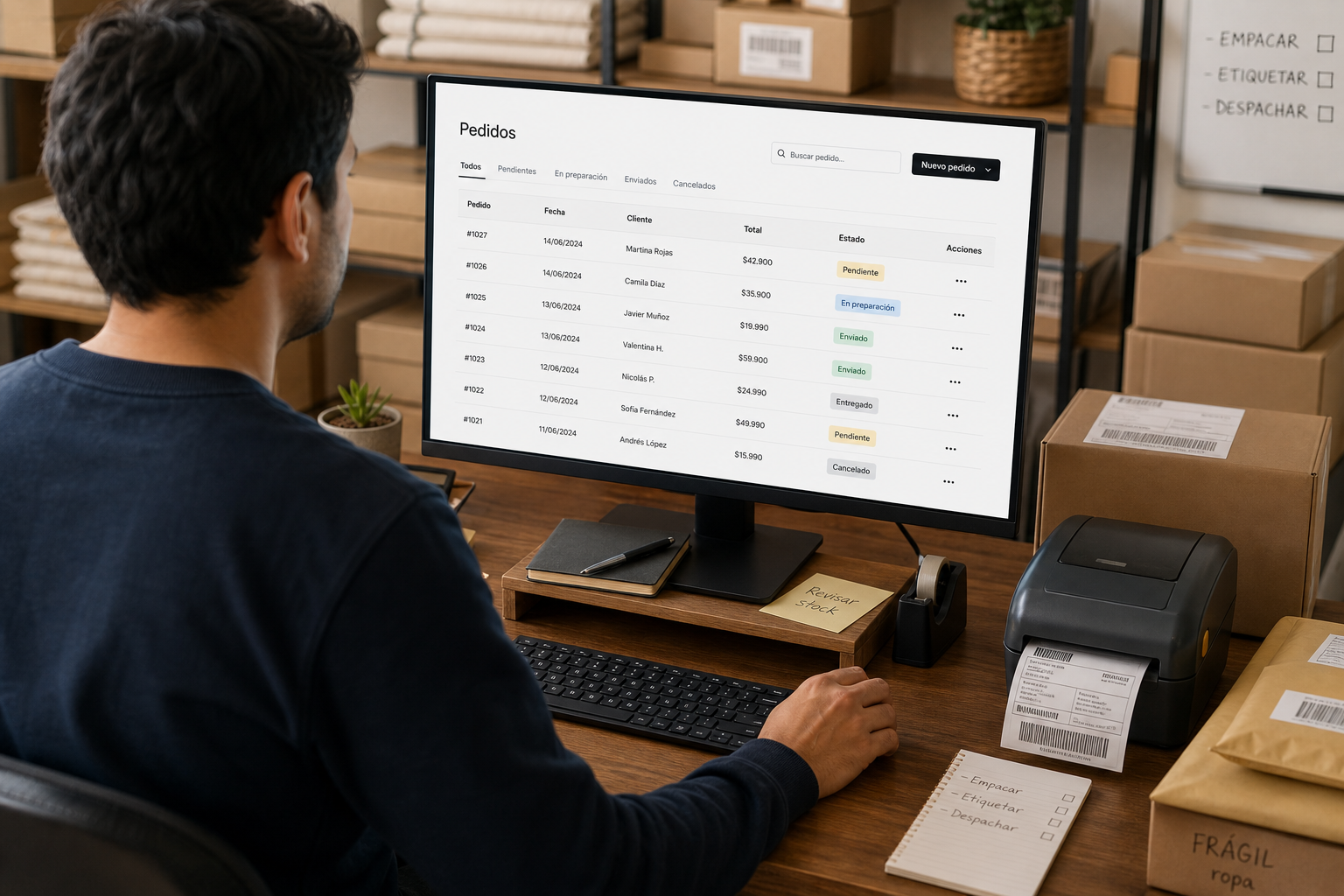 Emprendedor gestionando pedidos de su ecommerce